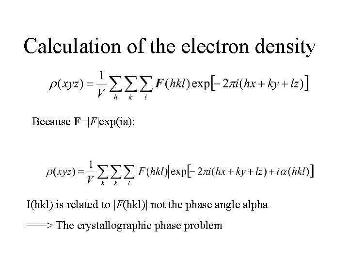 Calculation of the electron density Because F=|F|exp(ia): I(hkl) is related to |F(hkl)| not the