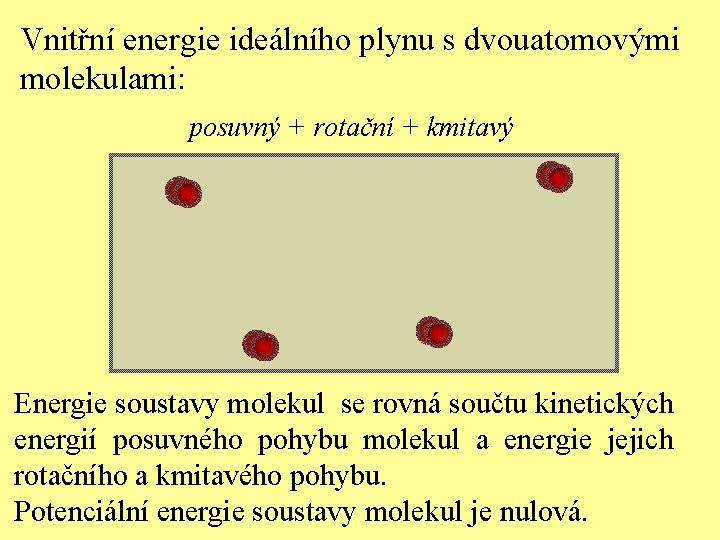 Vnitřní energie ideálního plynu s dvouatomovými molekulami: posuvný + rotační + kmitavý Energie soustavy