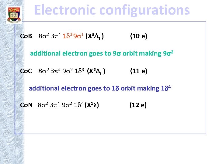 Electronic configurations Co. B 8 2 3 4 1 3 9 1 (X 3