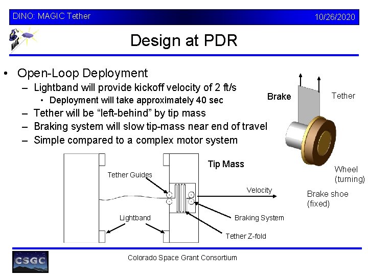 DINO: MAGIC Tether 10/26/2020 Design at PDR • Open-Loop Deployment – Lightband will provide