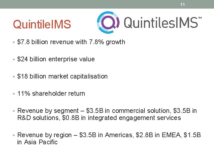 11 Quintile. IMS • $7. 8 billion revenue with 7. 8% growth • $24