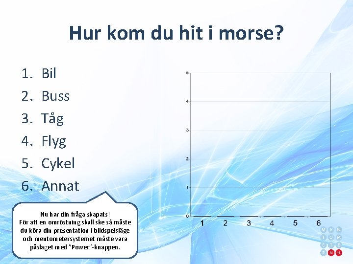 Hur kom du hit i morse? 1. 2. 3. 4. 5. 6. Bil Buss