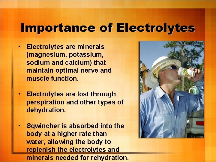 Importance of Electrolytes • Electrolytes are minerals (magnesium, potassium, sodium and calcium) that maintain