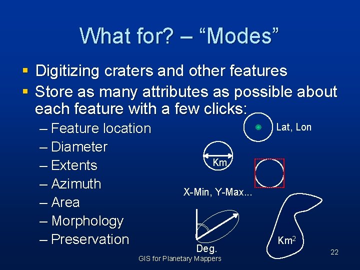 What for? – “Modes” § Digitizing craters and other features § Store as many