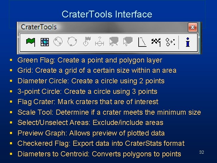 Crater. Tools Interface § § § § § Green Flag: Create a point and