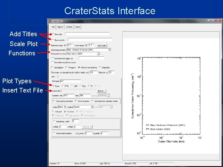 Crater. Stats Interface Add Titles Scale Plot Functions Plot Types Insert Text File 