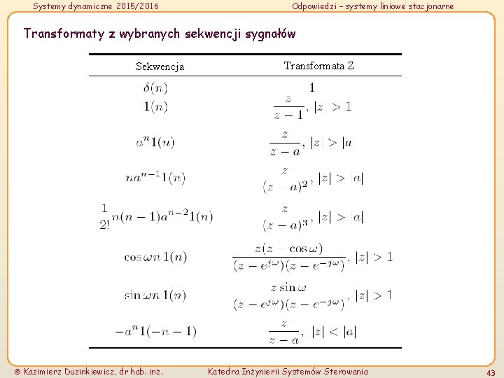 Systemy dynamiczne 2015/2016 Odpowiedzi – systemy liniowe stacjonarne Transformaty z wybranych sekwencji sygnałów Sekwencja