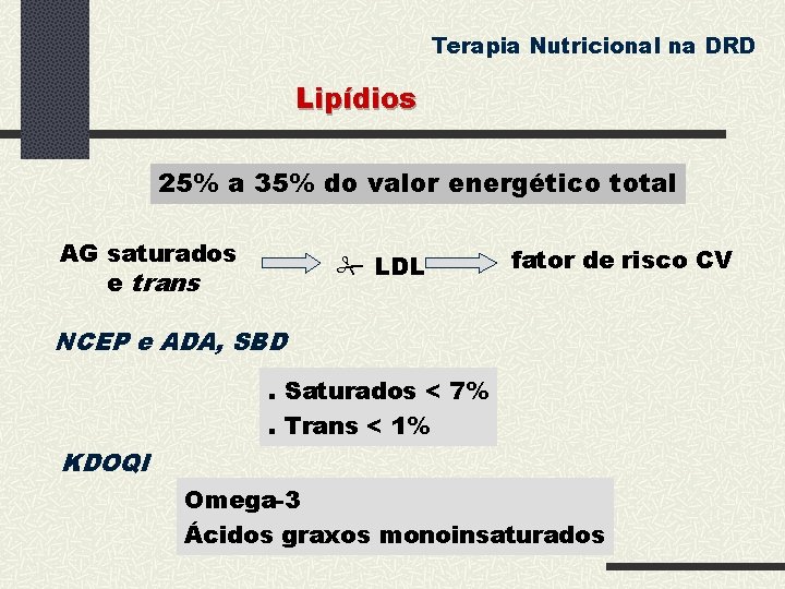 Terapia Nutricional na DRD Lipídios 25% a 35% do valor energético total AG saturados