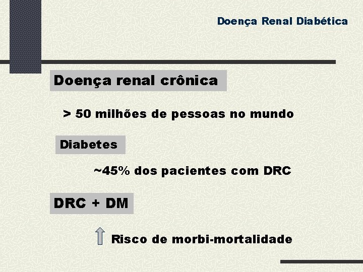 Doença Renal Diabética Doença renal crônica > 50 milhões de pessoas no mundo Diabetes