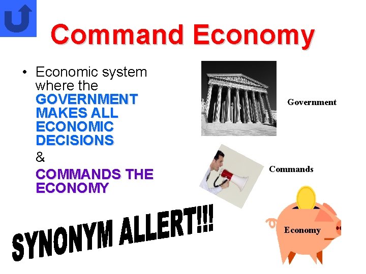 Command Economy • Economic system where the GOVERNMENT MAKES ALL ECONOMIC DECISIONS & COMMANDS