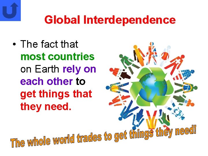 Global Interdependence • The fact that most countries on Earth rely on each other