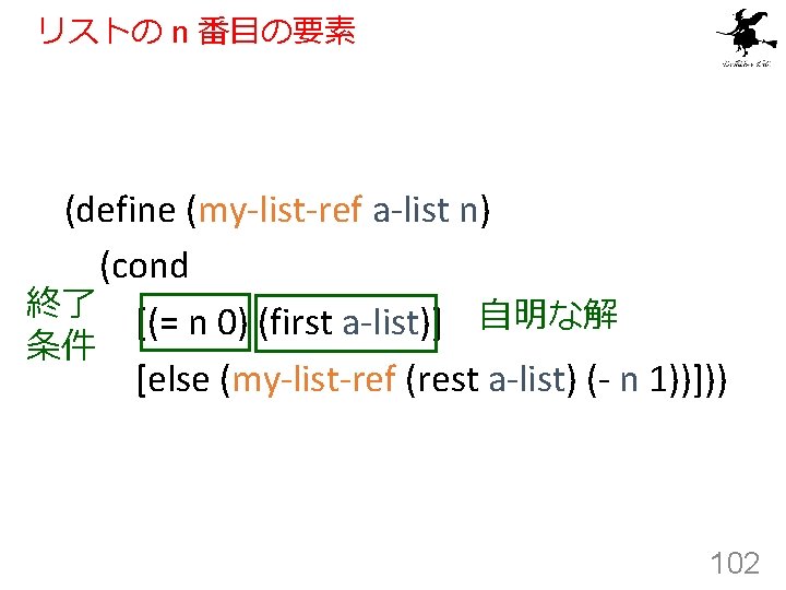 リストの n 番目の要素 (define (my-list-ref a-list n) (cond 終了 [(= n 0) (first a-list)]