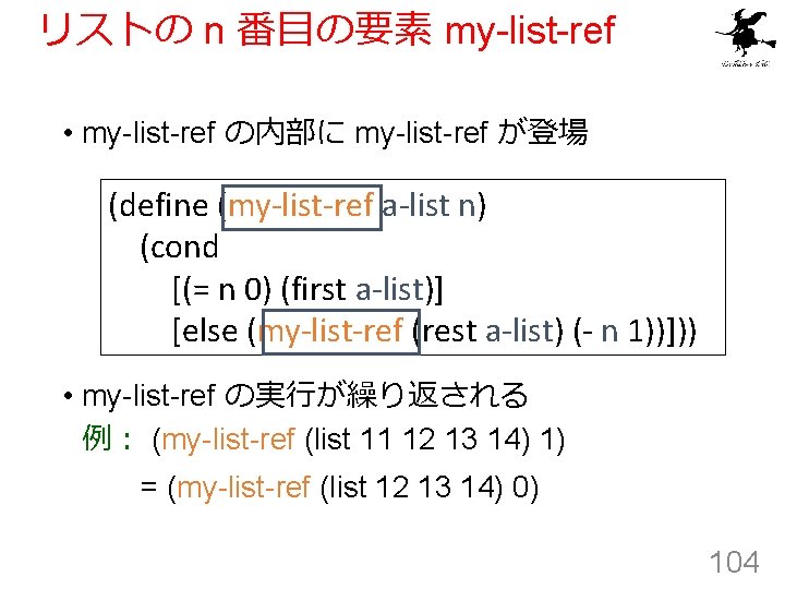 リストの n 番目の要素 my-list-ref • my-list-ref の内部に my-list-ref が登場 (define (my-list-ref a-list n) (cond