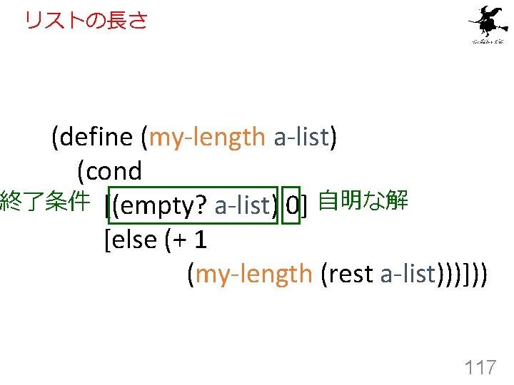 リストの長さ (define (my-length a-list) (cond 終了条件 [(empty? a-list) 0] 自明な解 [else (+ 1 (my-length