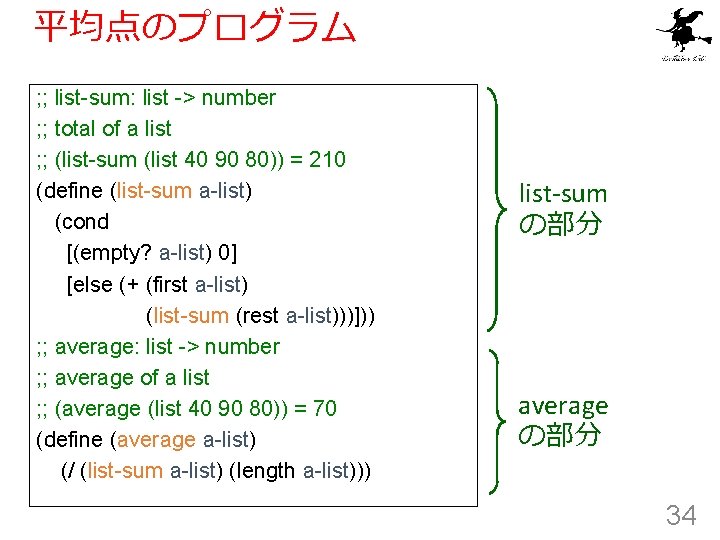平均点のプログラム ; ; list-sum: list -> number ; ; total of a list ;