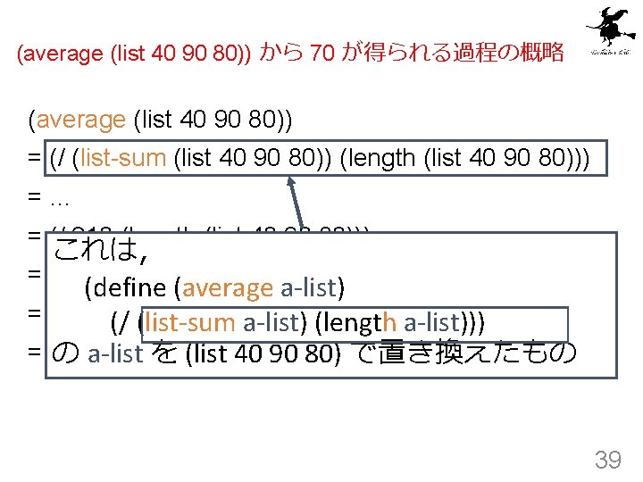 (average (list 40 90 80)) から 70 が得られる過程の概略 (average (list 40 90 80)) =
