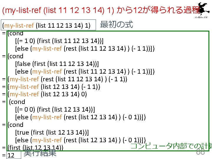 (my-list-ref (list 11 12 13 14) 1) から12が得られる過程 (my-list-ref (list 11 12 13 14)