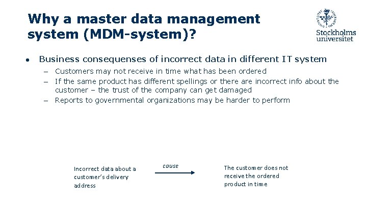 Why a master data management system (MDM-system)? ● Business consequenses of incorrect data in Why a master data management system (MDM-system)? ● Business consequenses of incorrect data in