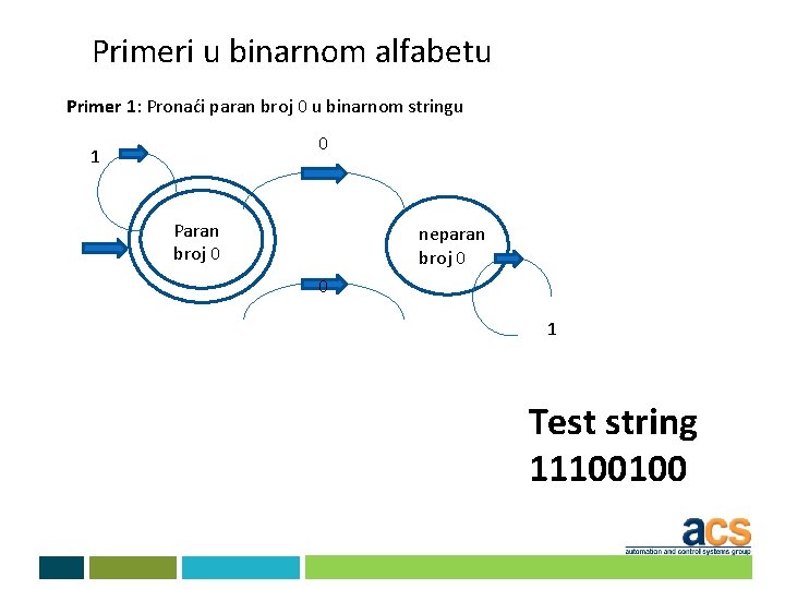 Primeri u binarnom alfabetu Primer 1: Pronaći paran broj 0 u binarnom stringu 0