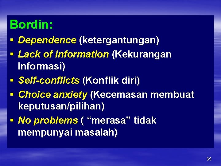 Bordin: § Dependence (ketergantungan) § Lack of information (Kekurangan Informasi) § Self-conflicts (Konflik diri)