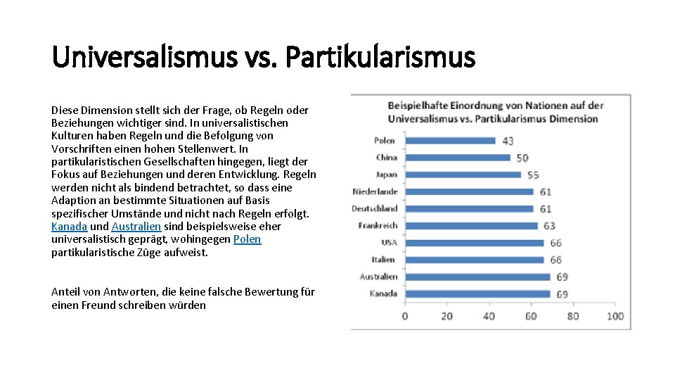 Universalismus vs. Partikularismus Diese Dimension stellt sich der Frage, ob Regeln oder Beziehungen wichtiger