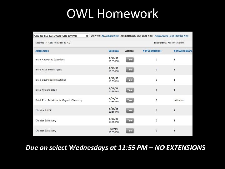 OWL Homework Due on select Wednesdays at 11: 55 PM – NO EXTENSIONS 