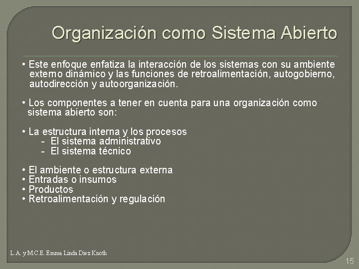 Organización como Sistema Abierto • Este enfoque enfatiza la interacción de los sistemas con