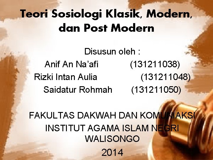Teori Sosiologi Klasik, Modern, dan Post Modern Disusun oleh : Anif An Na’afi (131211038)