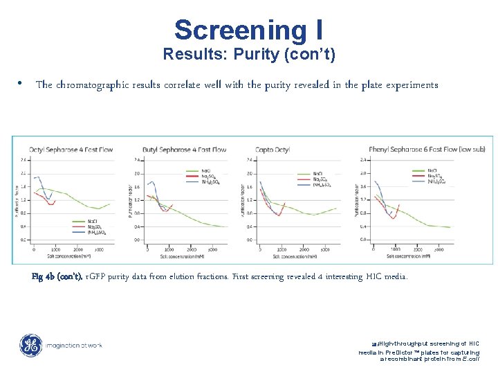 Screening I Results: Purity (con’t) • The chromatographic results correlate well with the purity