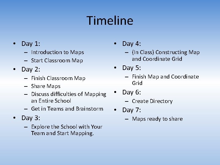 Timeline • Day 1: – Introduction to Maps – Start Classroom Map • Day