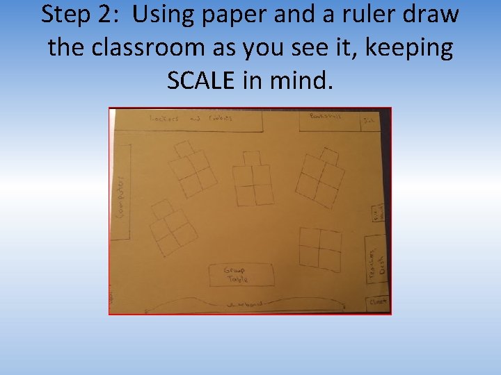 Step 2: Using paper and a ruler draw the classroom as you see it,