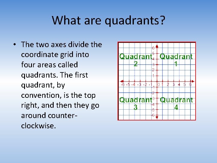 What are quadrants? • The two axes divide the coordinate grid into four areas