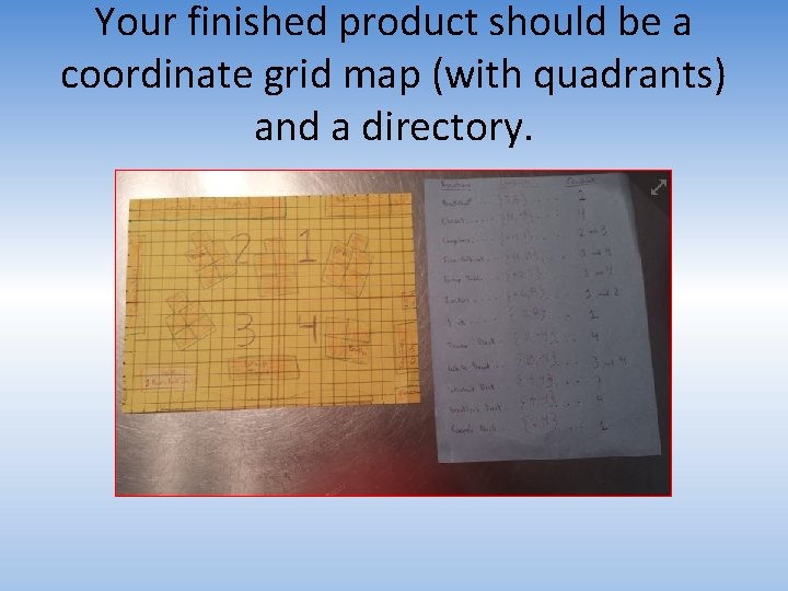 Your finished product should be a coordinate grid map (with quadrants) and a directory.
