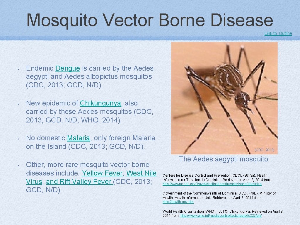 Mosquito Vector Borne Disease Link to Outline • • Endemic Dengue is carried by