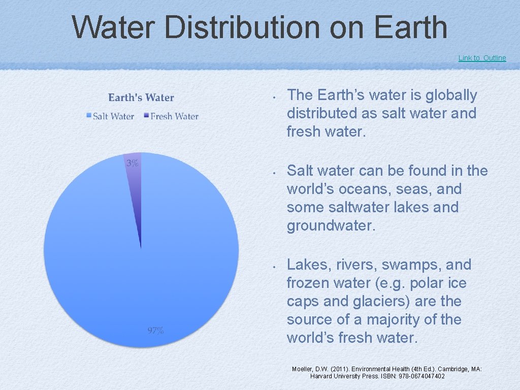 Water Distribution on Earth Link to Outline • • • The Earth’s water is