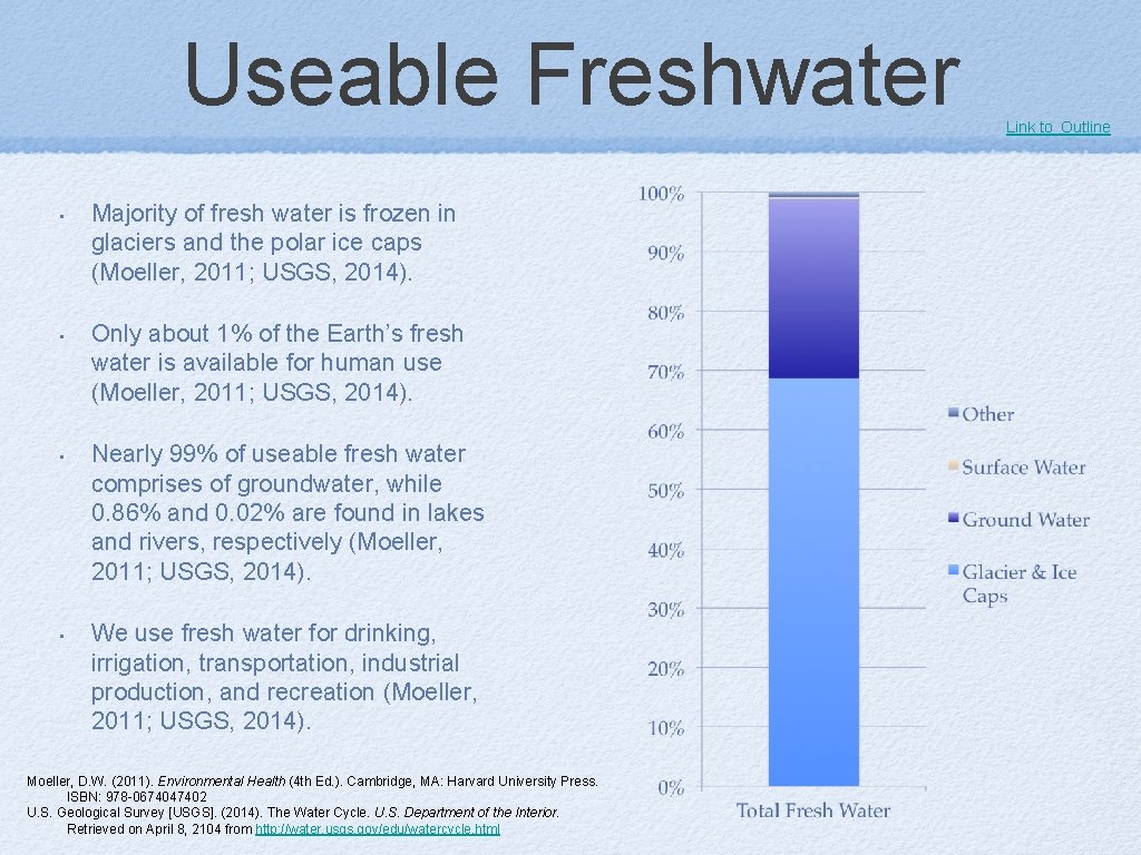 Useable Freshwater • • Majority of fresh water is frozen in glaciers and the