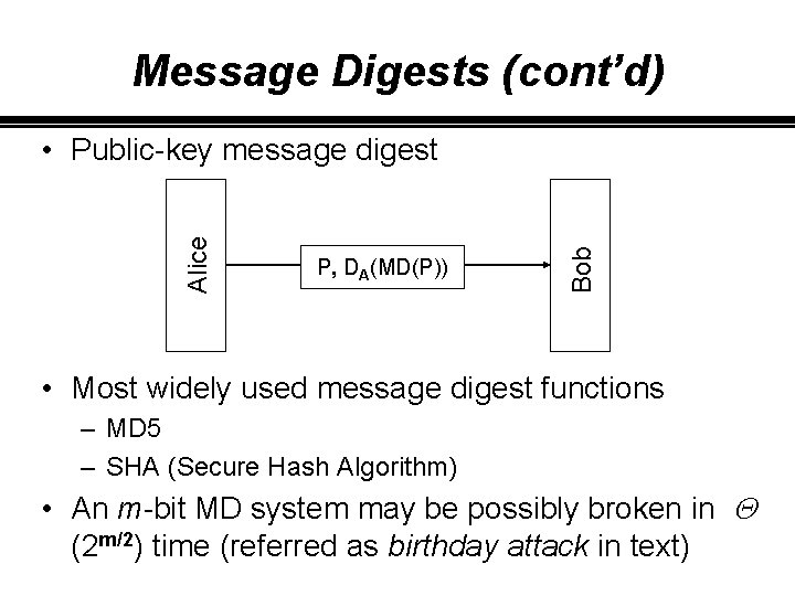 Message Digests (cont’d) P, DA(MD(P)) Bob Alice • Public-key message digest • Most widely