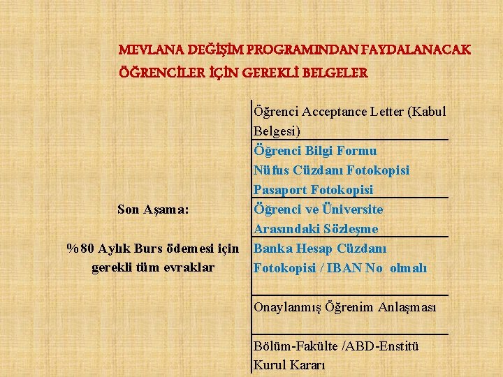 MEVLANA DEĞİŞİM PROGRAMINDAN FAYDALANACAK ÖĞRENCİLER İÇİN GEREKLİ BELGELER Öğrenci Acceptance Letter (Kabul Belgesi) Öğrenci