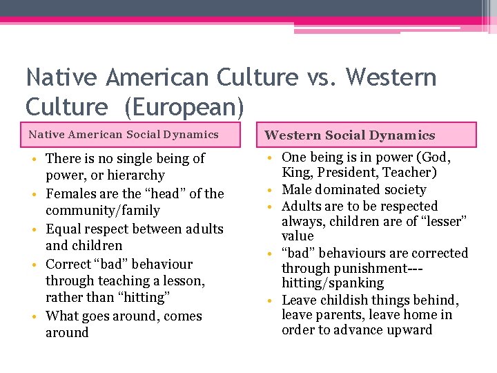 Native American Culture vs. Western Culture (European) Native American Social Dynamics • There is