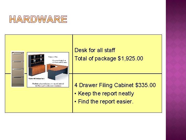 Desk for all staff Total of package $1, 925. 00 4 Drawer Filing Cabinet