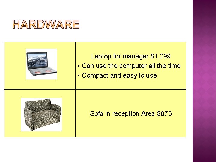 Laptop for manager $1, 299 • Can use the computer all the time •