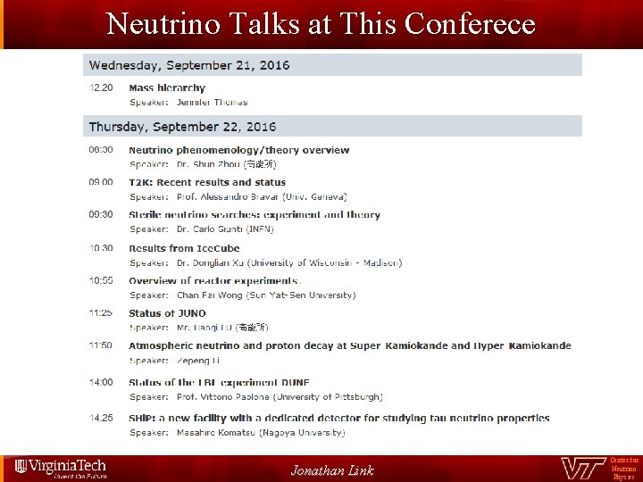 Neutrino Talks at This Conferece Jonathan Link Center for Neutrino Physics 