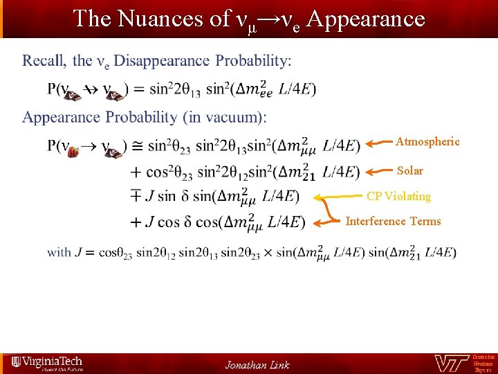 The Nuances of νμ→νe Appearance Atmospheric Solar CP Violating Interference Terms Jonathan Link Center