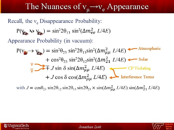 The Nuances of νμ→νe Appearance Atmospheric Solar CP Violating Interference Terms Jonathan Link Center