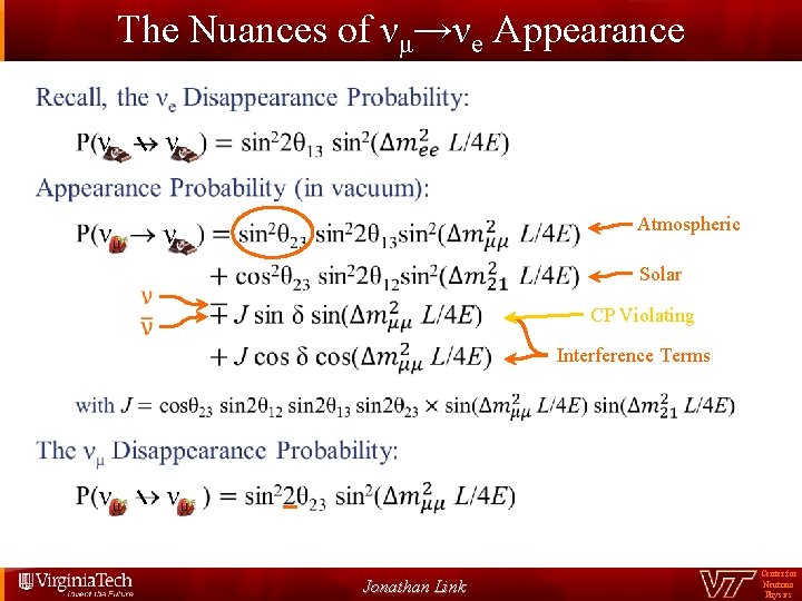 The Nuances of νμ→νe Appearance Atmospheric Solar CP Violating Interference Terms Jonathan Link Center