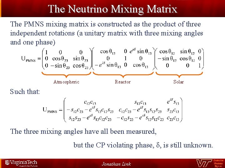 The Neutrino Mixing Matrix The PMNS mixing matrix is constructed as the product of