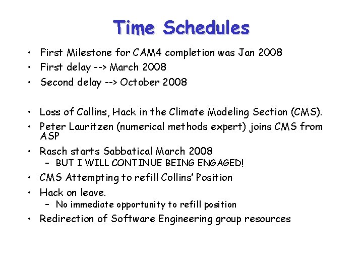 Time Schedules • First Milestone for CAM 4 completion was Jan 2008 • First