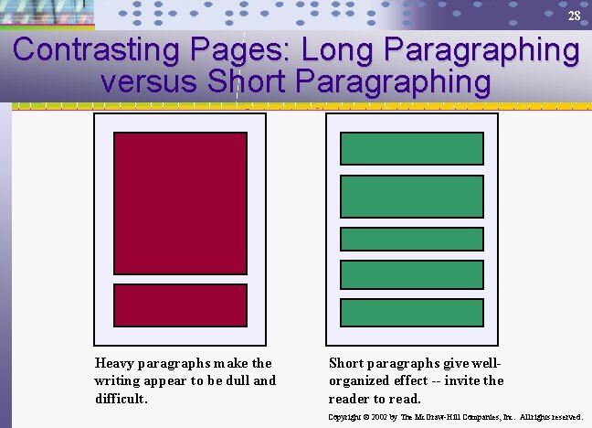 28 Contrasting Pages: Long Paragraphing versus Short Paragraphing Heavy paragraphs make the writing appear