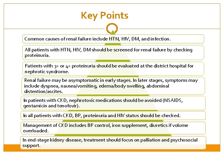 Key Points Common causes of renal failure include HTN, HIV, DM, and infection. All