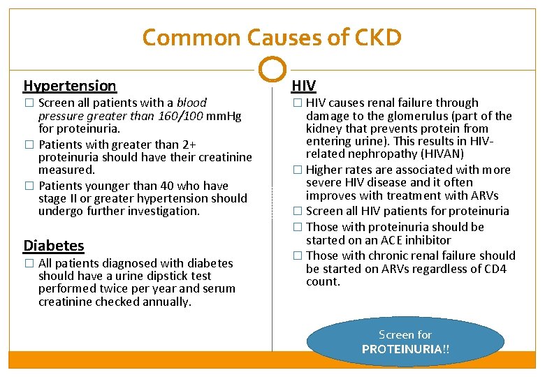 Common Causes of CKD Hypertension HIV pressure greater than 160/100 mm. Hg for proteinuria.